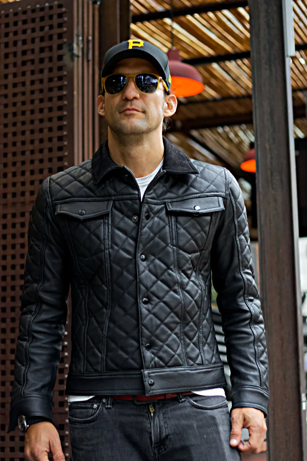 TENNESSEE AX Fancy Trucker Jacket in Black Quilted Leather - Black Collar