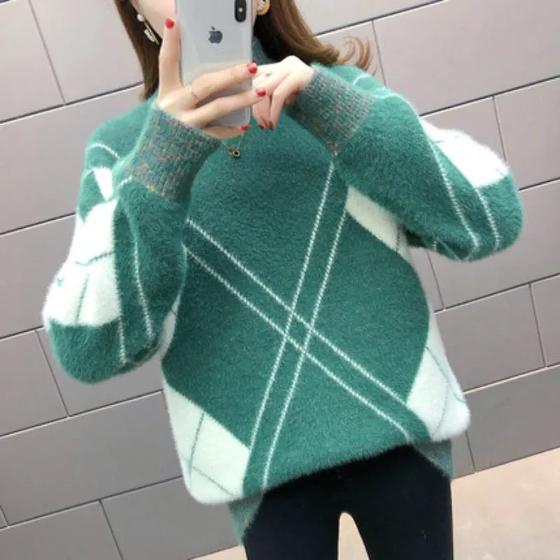 Thick Women Sweater Winter Turtleneck Pullover Knitted Sweater Loose Warm Fashion Plaid Jumper Casual Oversize Female Tops