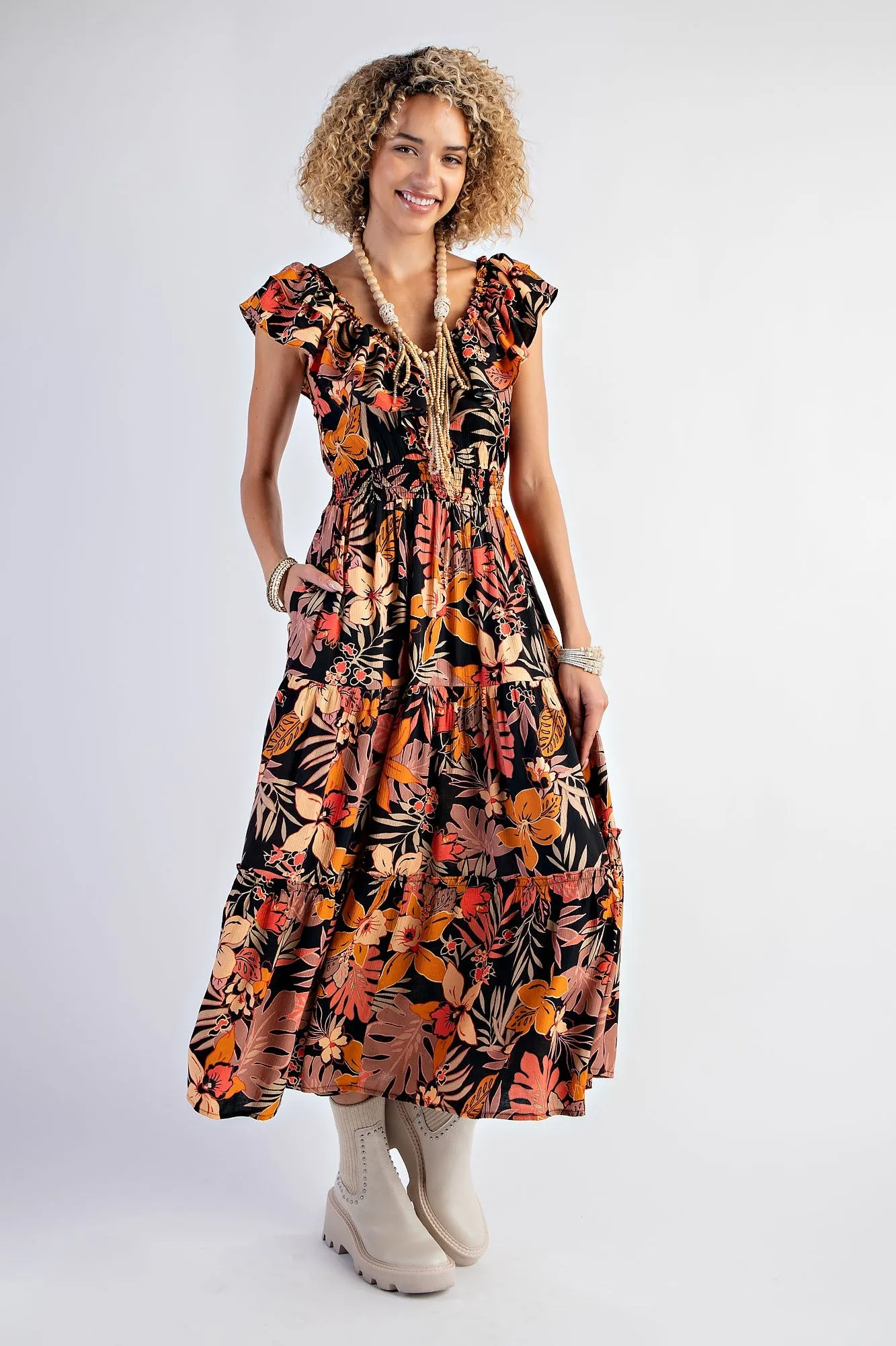 TROPICAL PRINT PEACH BLOSSOM TIERED MAXI DRESS (C53)