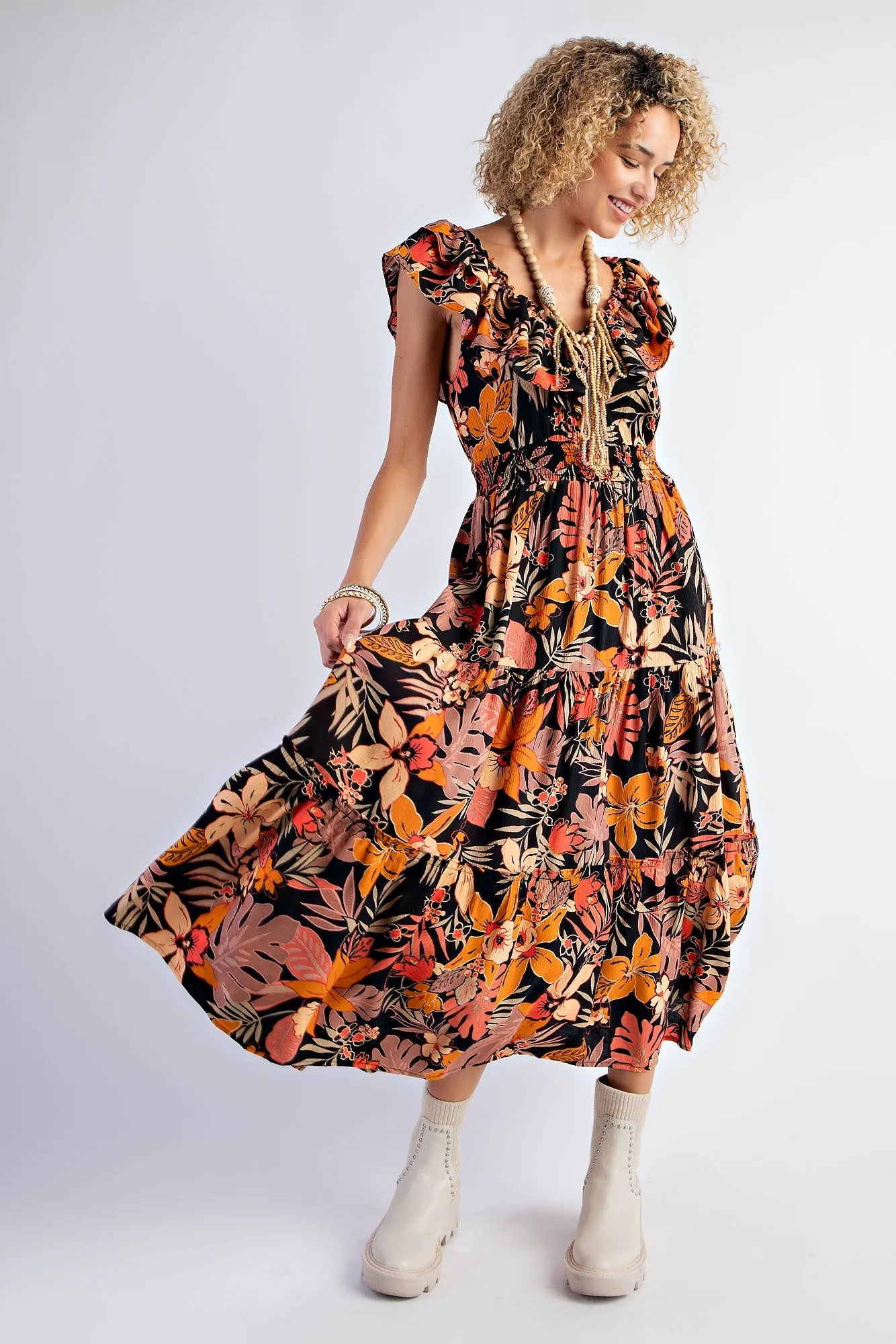 TROPICAL PRINT PEACH BLOSSOM TIERED MAXI DRESS (C53)