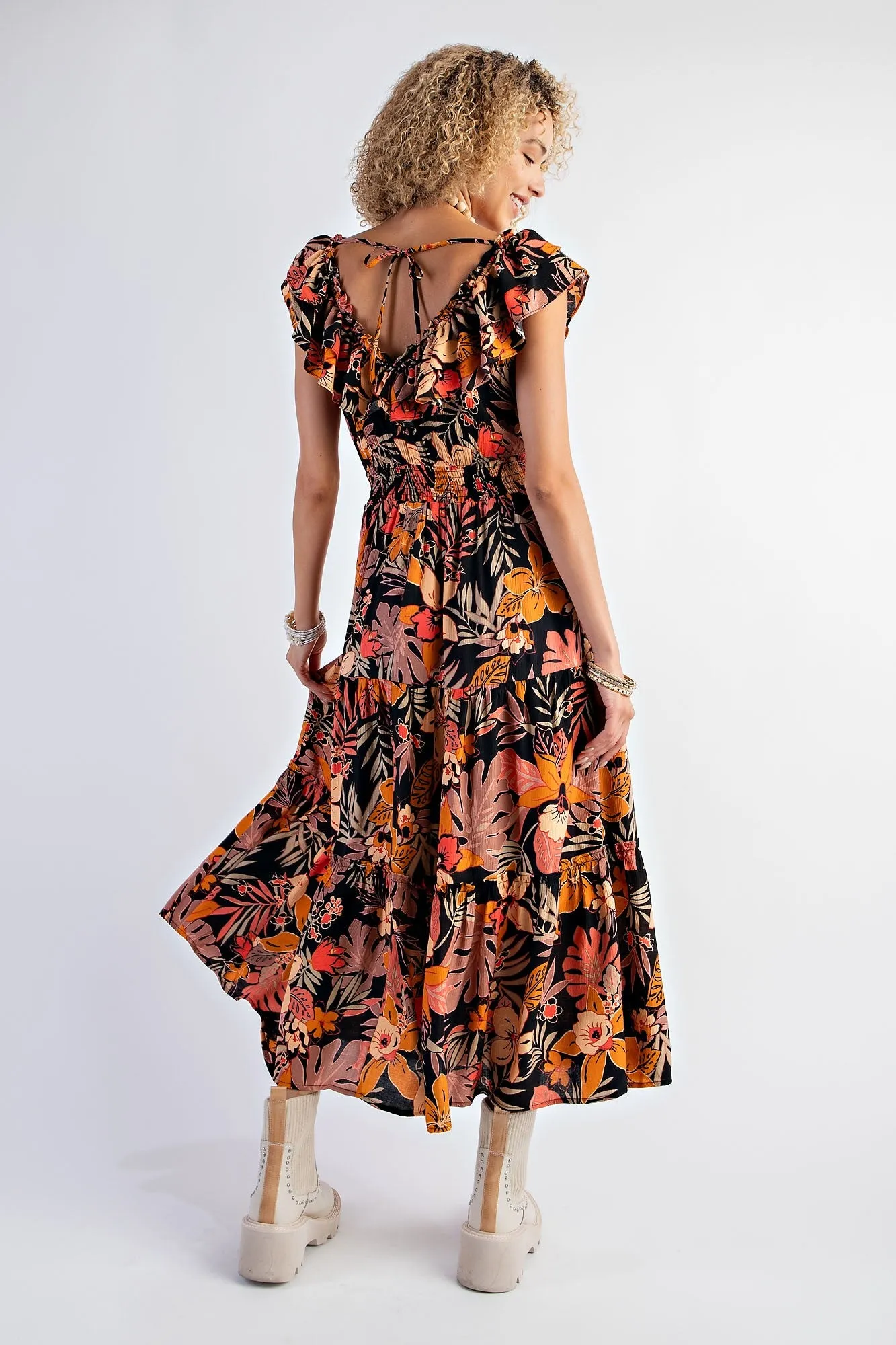 TROPICAL PRINT PEACH BLOSSOM TIERED MAXI DRESS (C53)