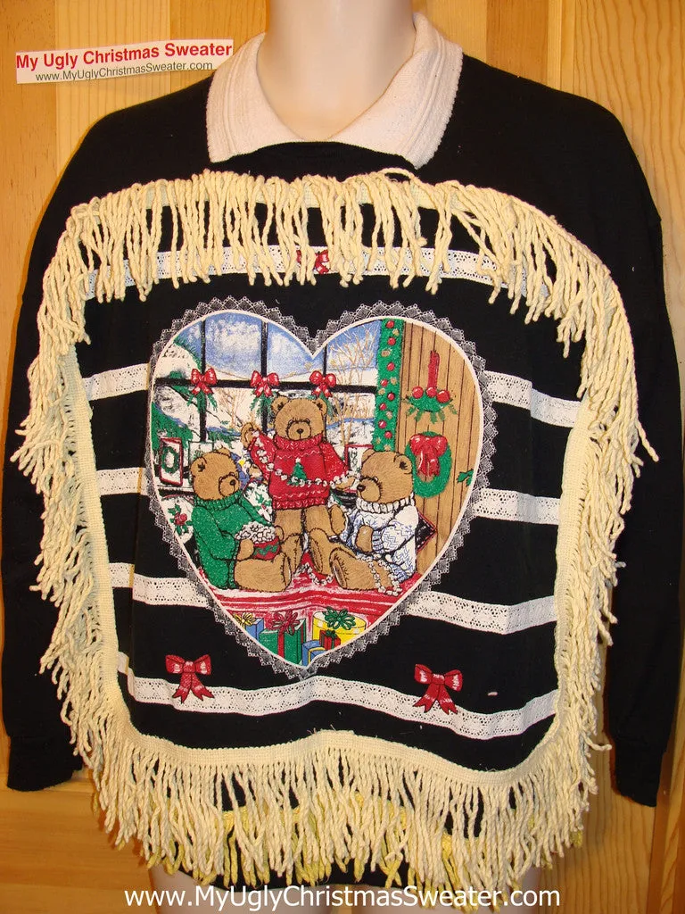 Ugly Christmas Tacky Sweatshirt 80s Retro Bear with Fringe (q58)