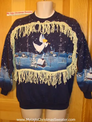 Ugly Christmas Tacky Sweatshirt Retro 80s Winter Wonderland 2-sided Scene with Fringe (q59)