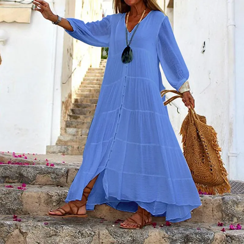 V-neck Loose Long Sleeve Cotton Linen Dress