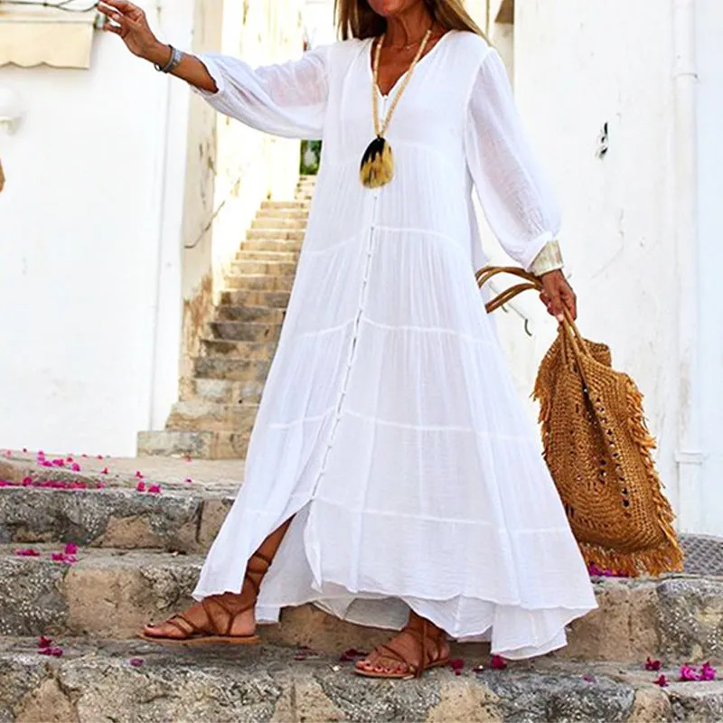 V-neck Loose Long Sleeve Cotton Linen Dress