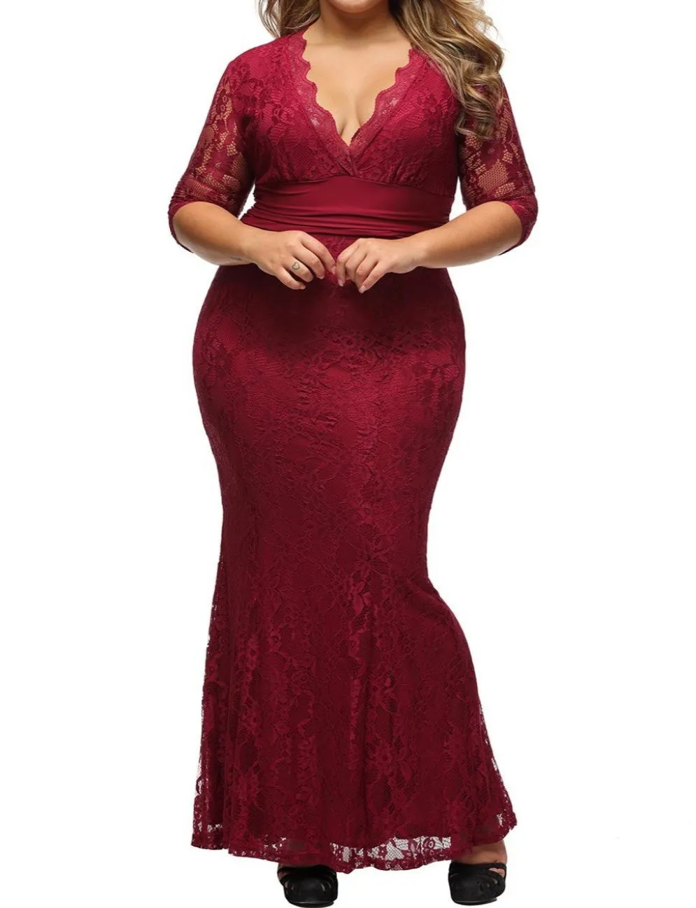 V-neck Plus Size Lace mother of the bride dress at Bling Brides Bouquet - Online Bridal Store