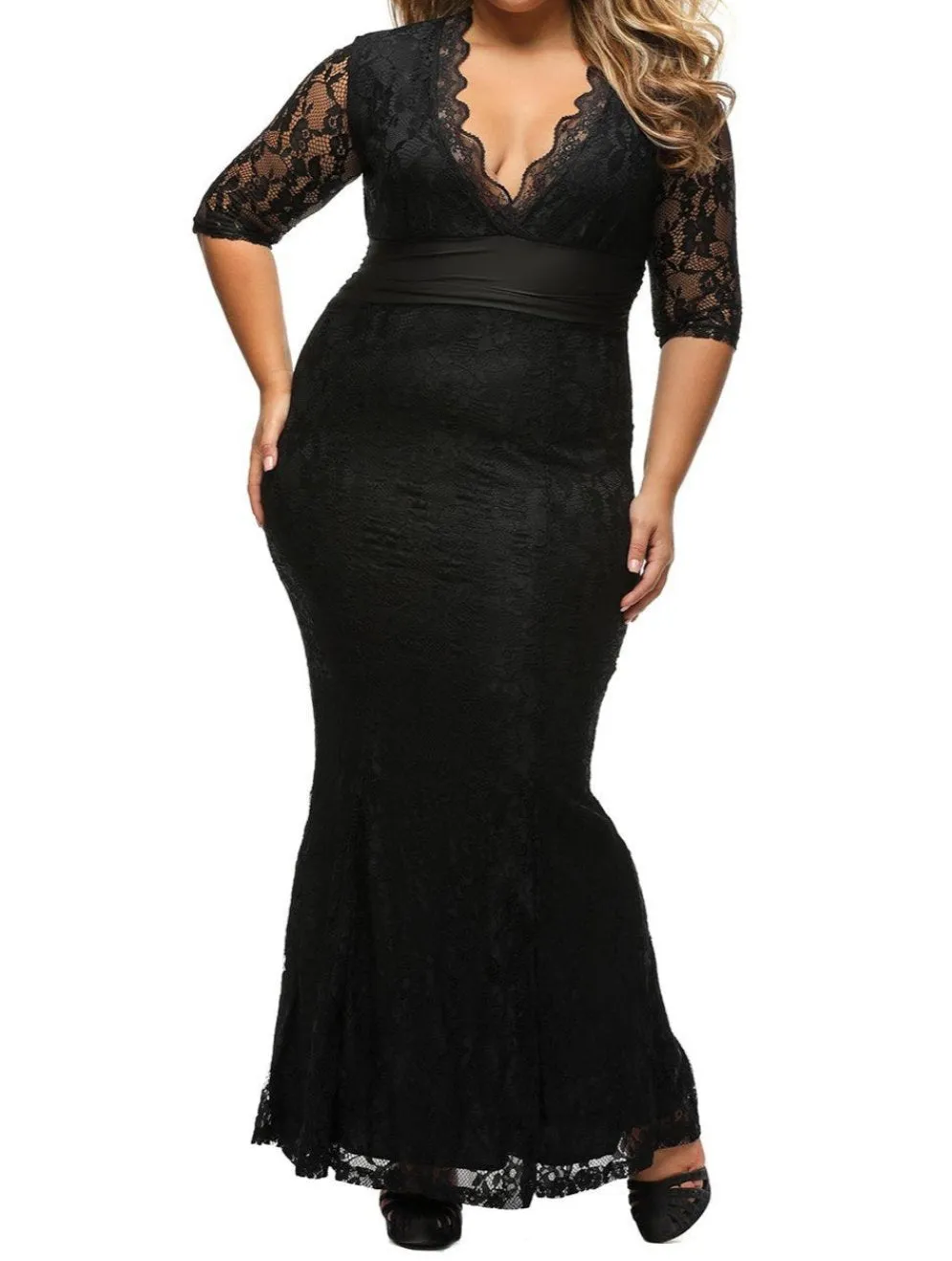 V-neck Plus Size Lace mother of the bride dress at Bling Brides Bouquet - Online Bridal Store