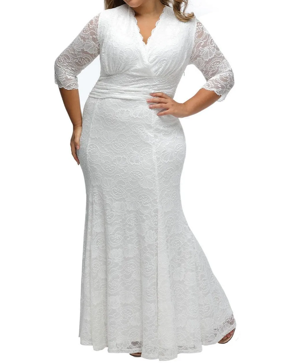 V-neck Plus Size Lace mother of the bride dress at Bling Brides Bouquet - Online Bridal Store