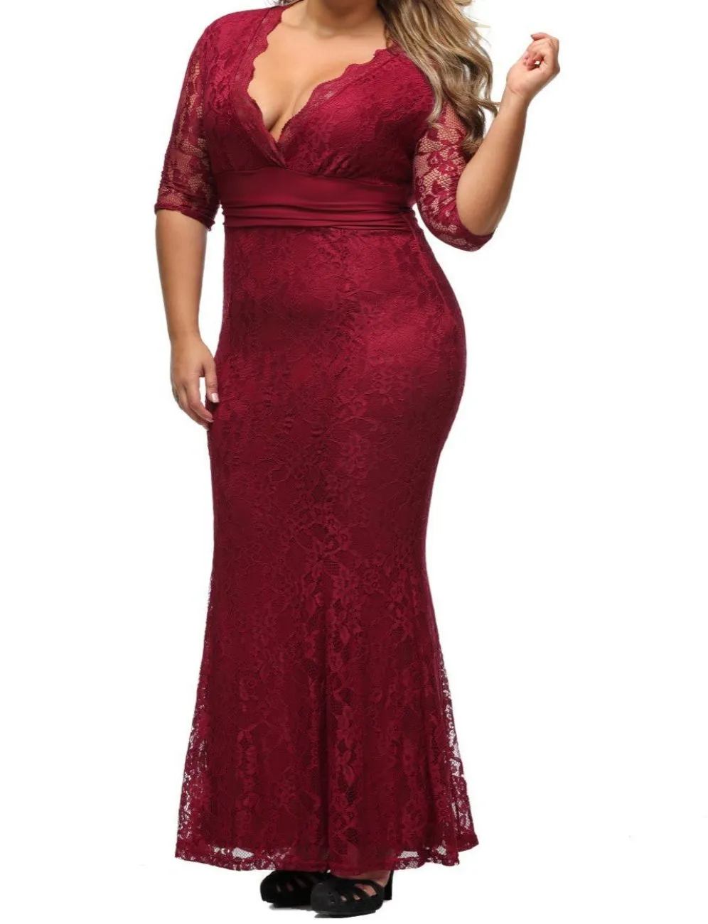 V-neck Plus Size Lace mother of the bride dress at Bling Brides Bouquet - Online Bridal Store