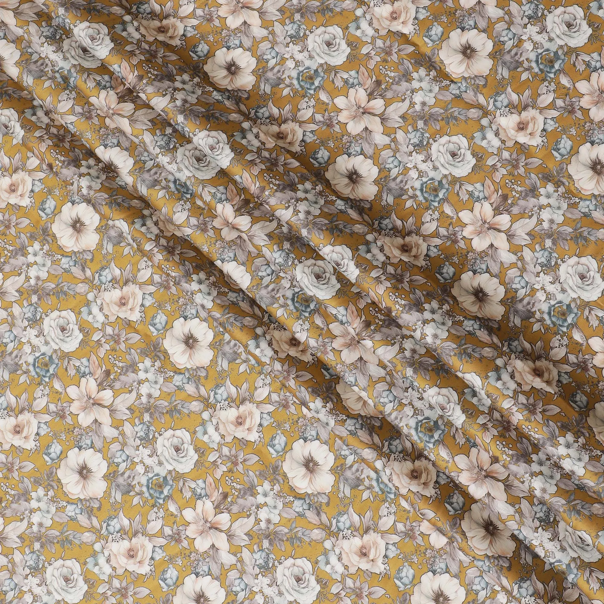 Vibrant Mustard Yellow Cotton Satin Fabric with Delicate Floral Print, 110 cm Wide-D19197