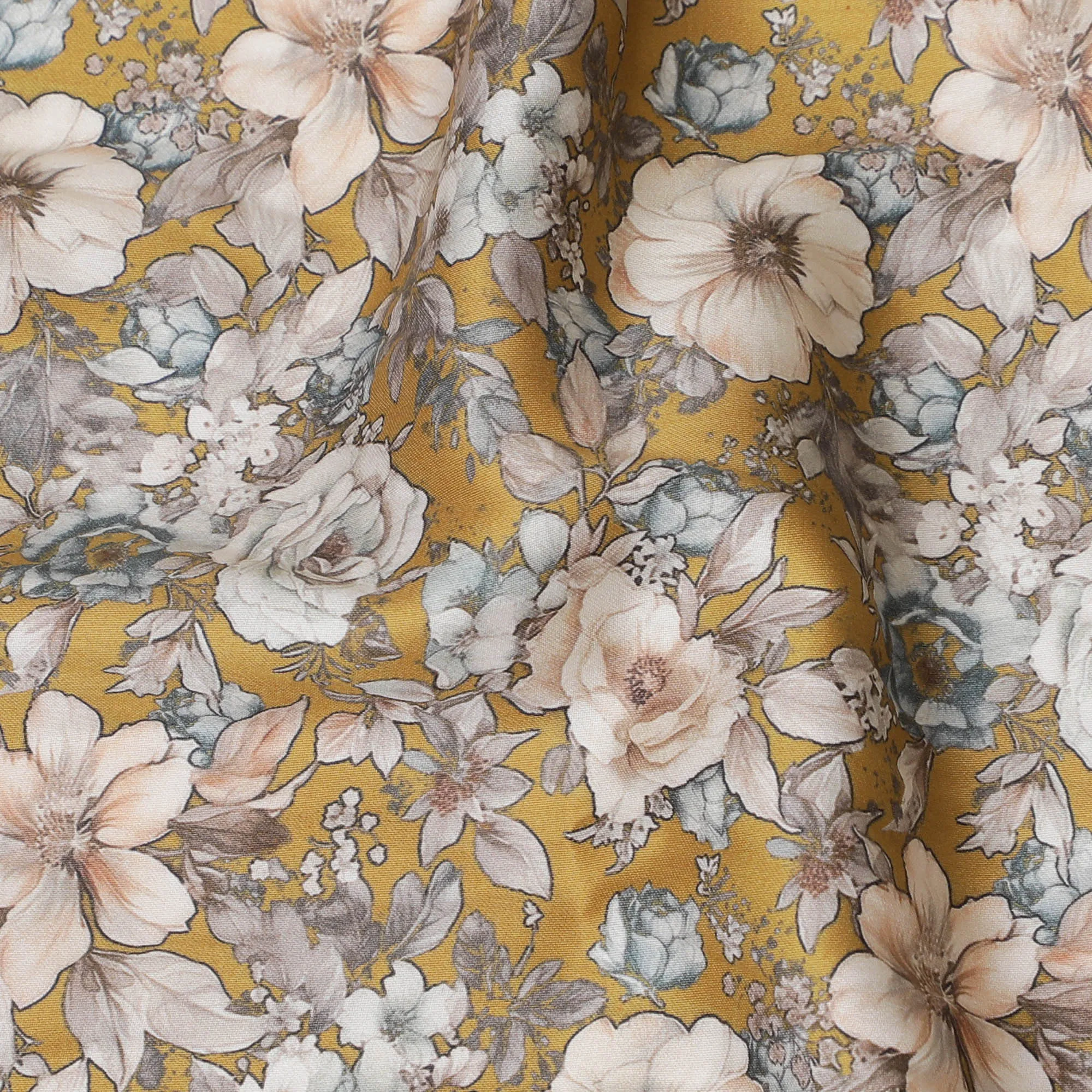 Vibrant Mustard Yellow Cotton Satin Fabric with Delicate Floral Print, 110 cm Wide-D19197