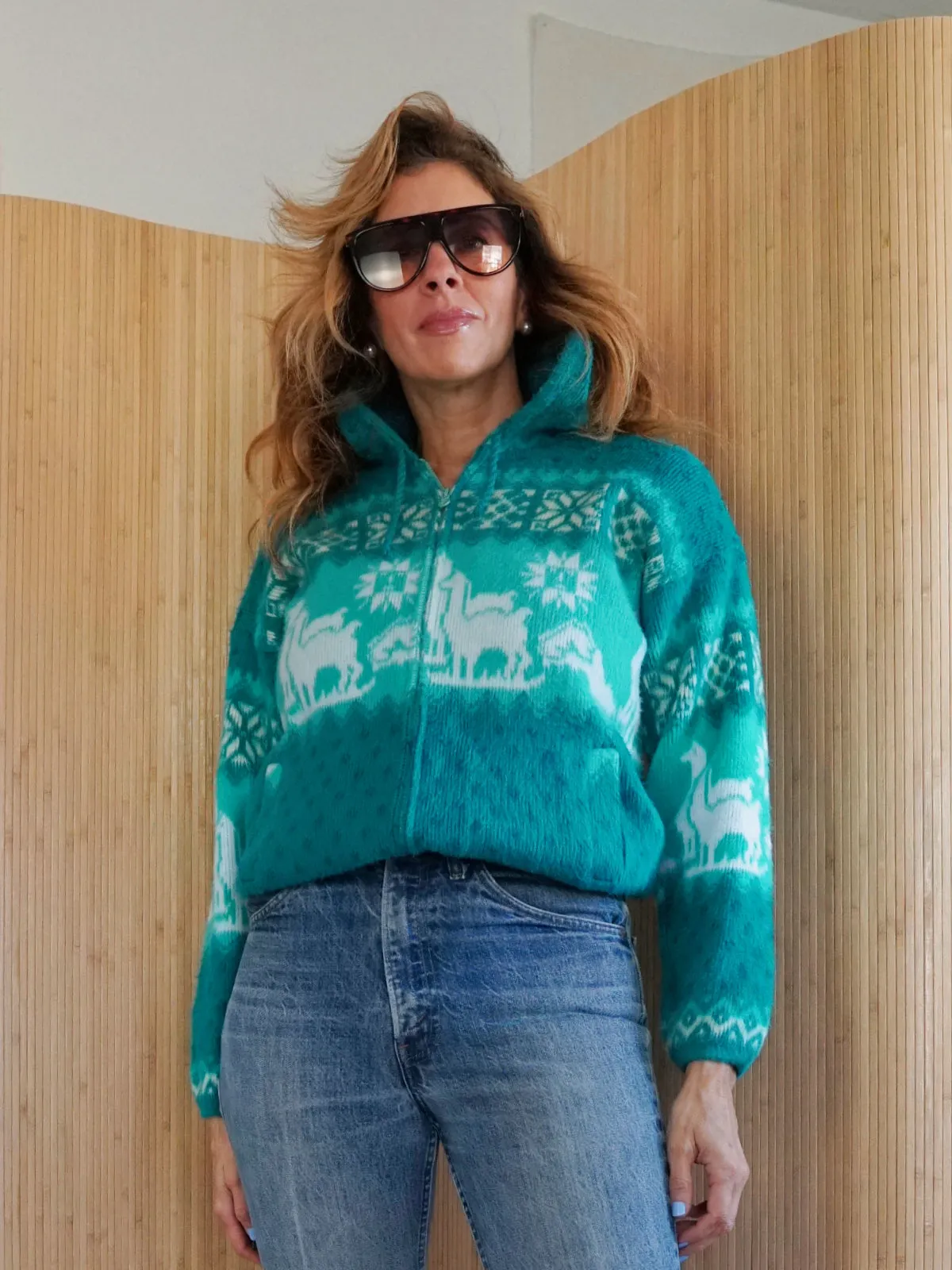 Vintage Alpaca Motif Hoodie Sweater