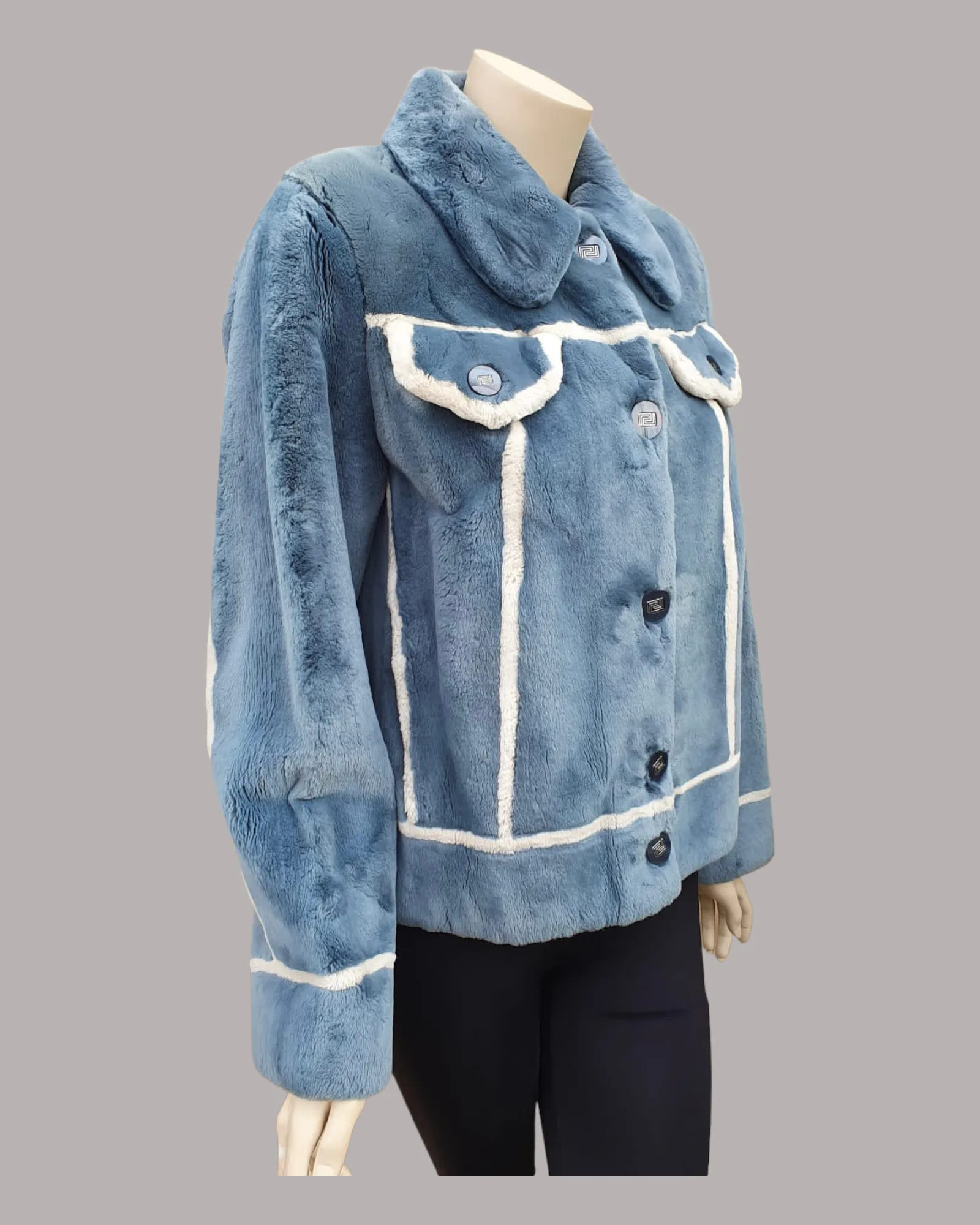 Vintage Denim-Dyed Sheared Beaver Fur Jacket w/ White Beaver Details -M (Never Been Worn!)