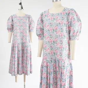 Vintage Laura Ashley Floral Linen Cotton Puff Sleeve Pleated Drop Waist Dress size M