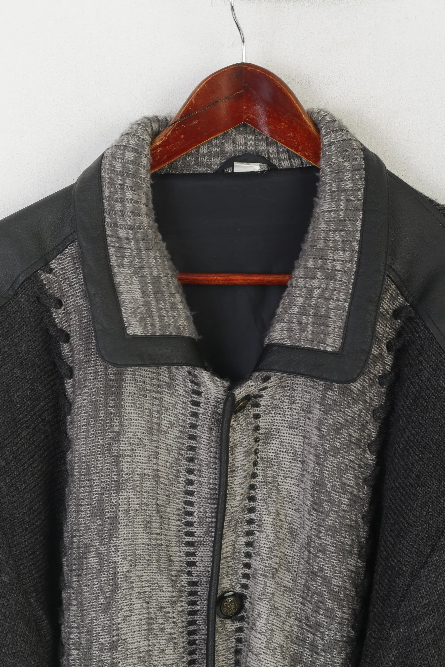 Vintage Men 46 56 XXL Cardigan Gray Wool Padded Heavy Detailed Buttons Sweater