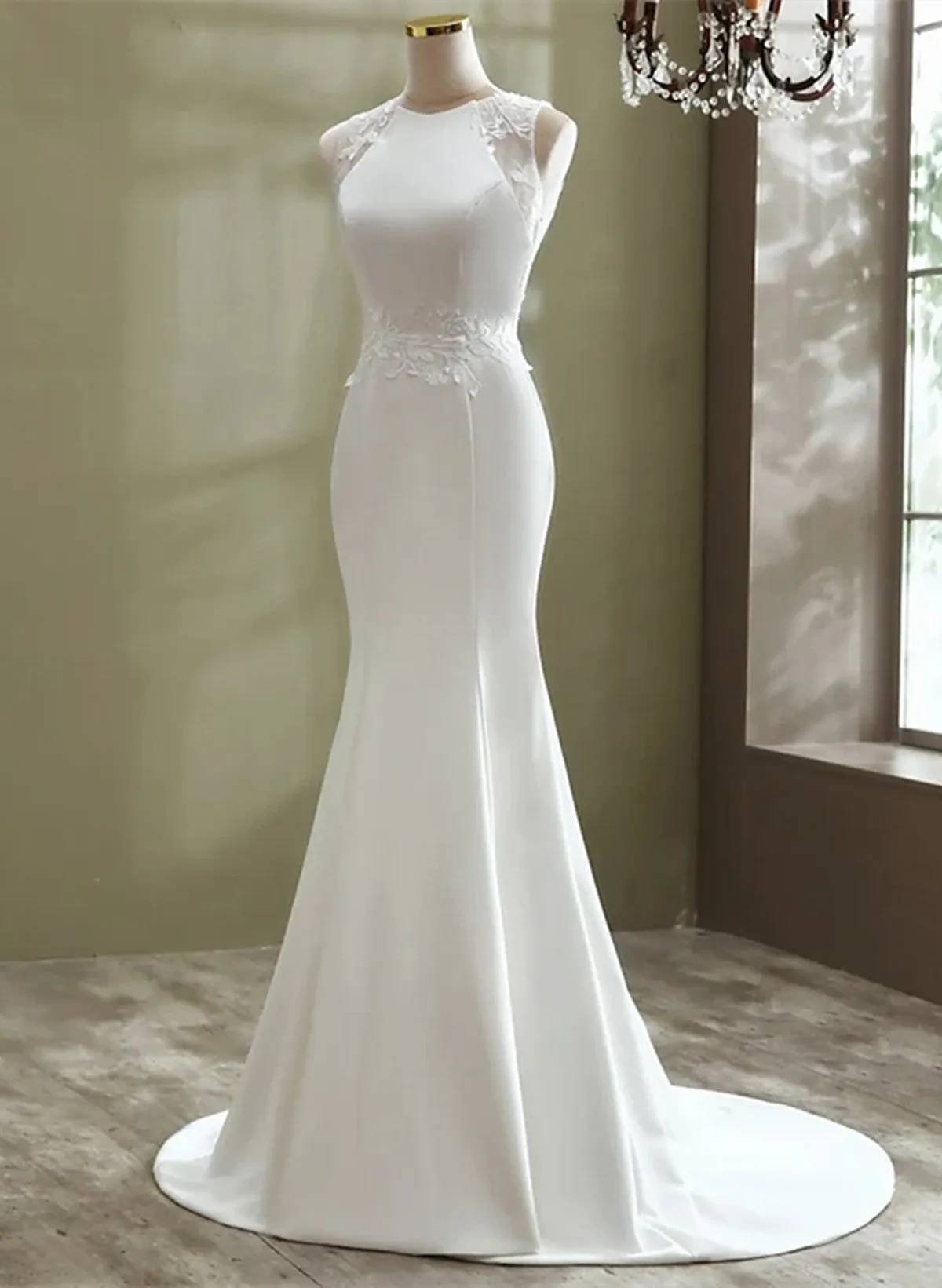 White Mermaid Round Neckline Long Formal Gown, White Wedding Party Dress