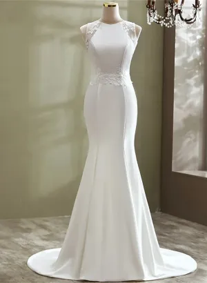 White Mermaid Round Neckline Long Formal Gown, White Wedding Party Dress