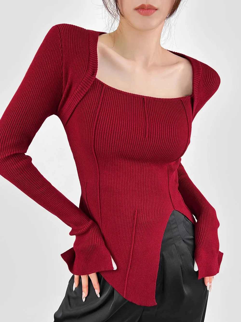 White Side Split Knitted Women's Sweater Square Collar Long Sleeve Sweaters Female Autumn Fashion New Clothes 2023 C-040