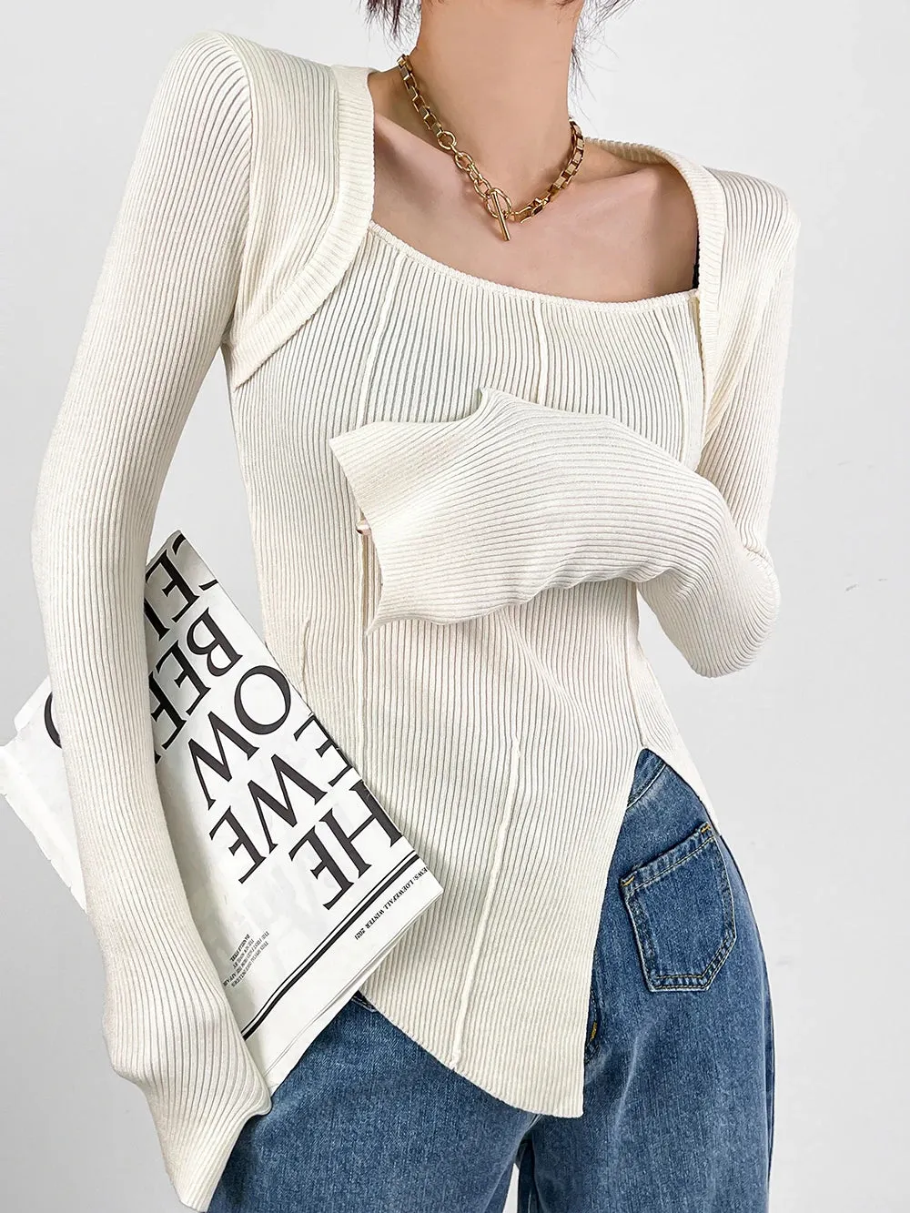 White Side Split Knitted Women's Sweater Square Collar Long Sleeve Sweaters Female Autumn Fashion New Clothes 2023 C-040