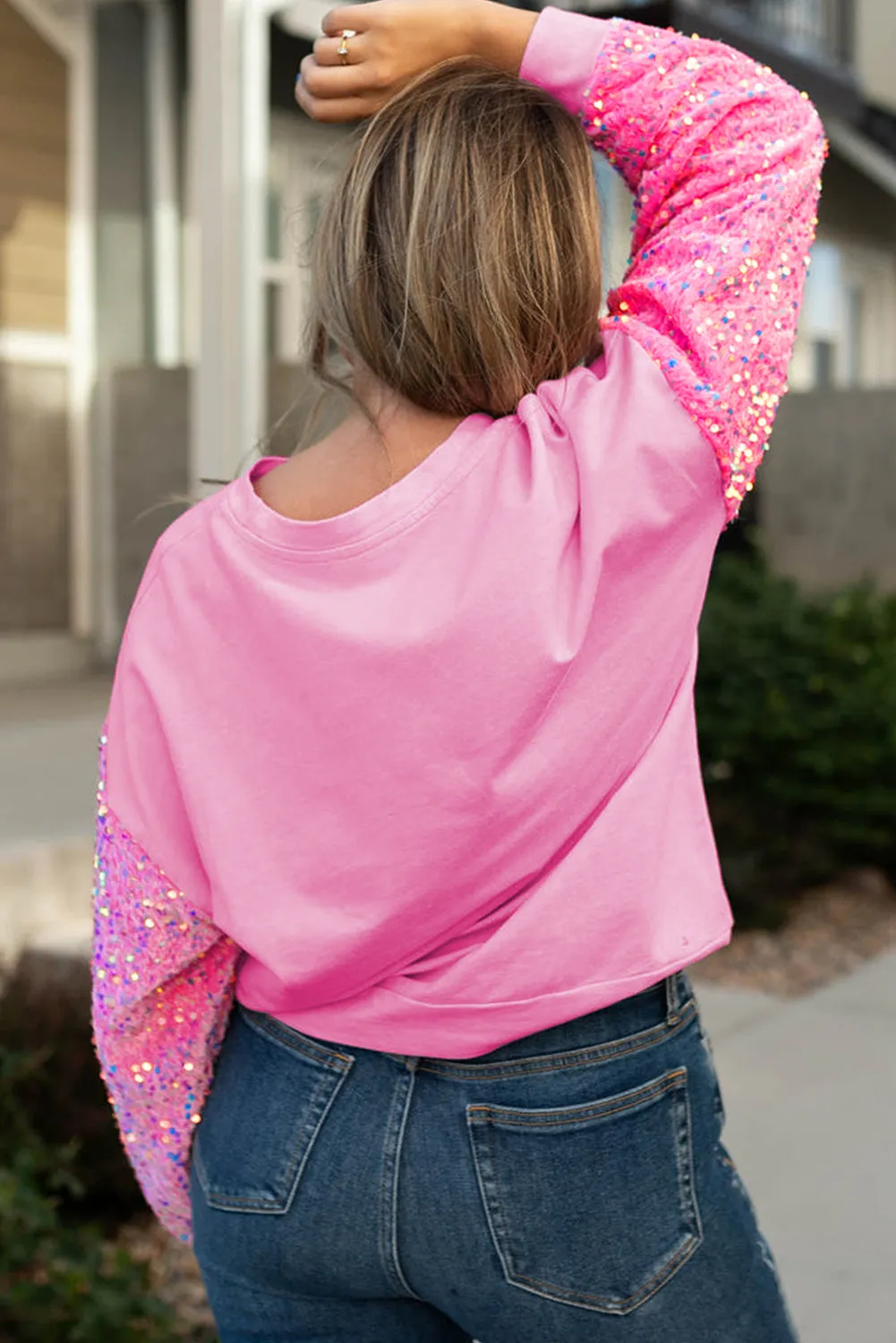 Wholesale Pink Sequined Heart Graphic Splicing Sleeve Plus Size Sweatshirt