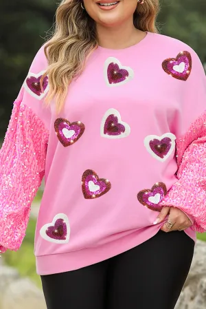 Wholesale Pink Sequined Heart Graphic Splicing Sleeve Plus Size Sweatshirt