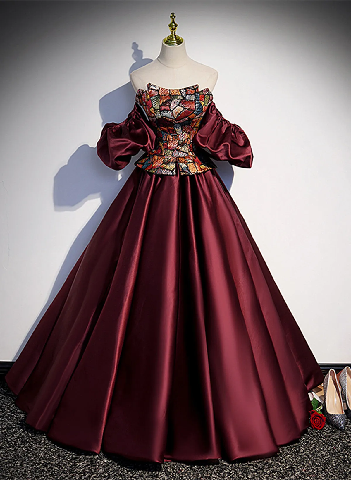 Wine Red Satin Off Shoulder Evening Dress, Wine Red Long Prom Dress