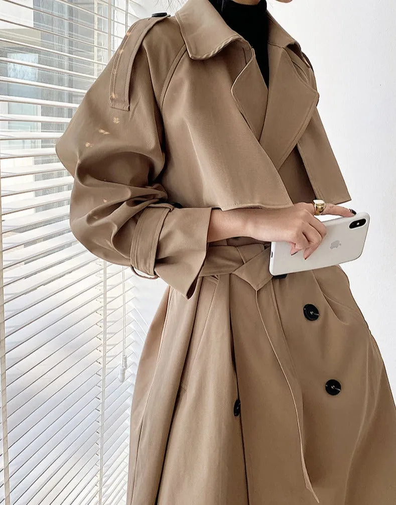 Wjczt Elegant Turn-down Collar Ladies Trench Coats Full Sleeve Double Breasted Belted Loose Female Windbreaker Winter