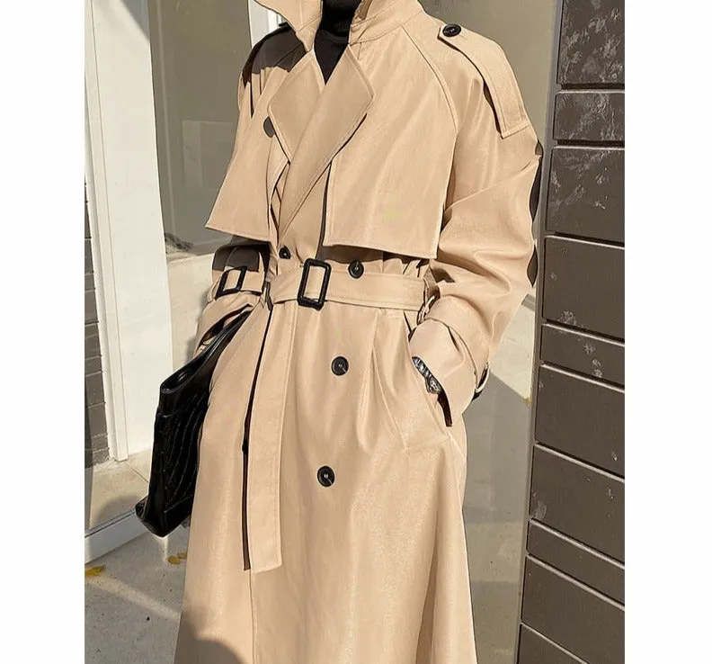 Wjczt Elegant Turn-down Collar Ladies Trench Coats Full Sleeve Double Breasted Belted Loose Female Windbreaker Winter