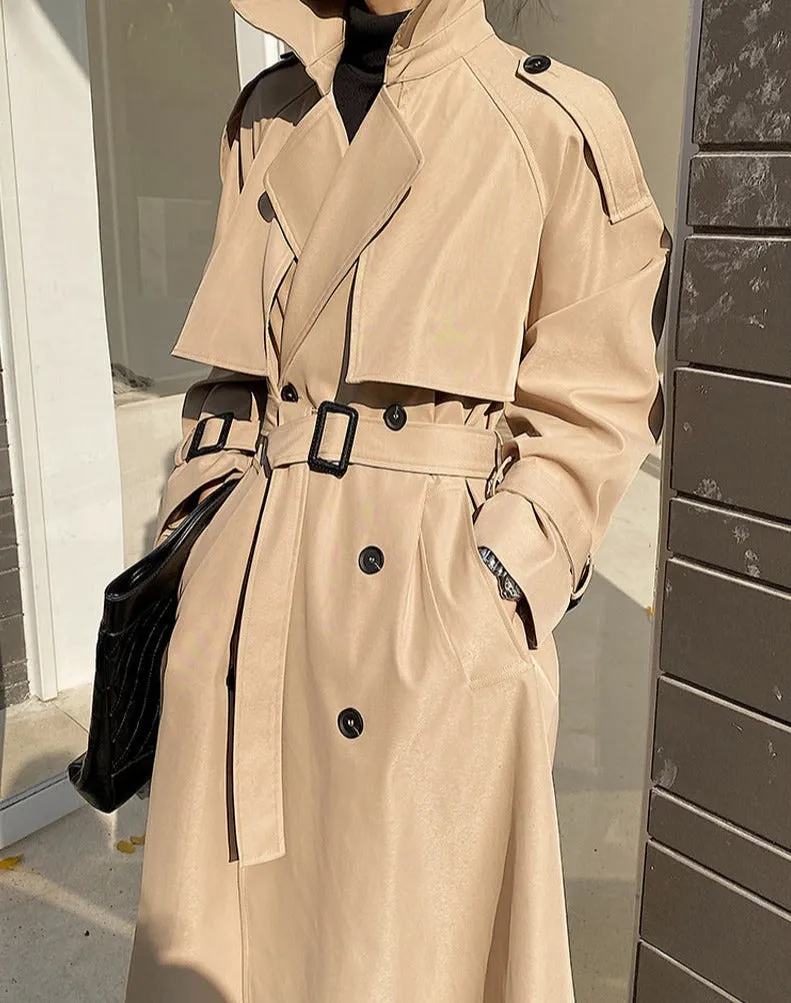 Wjczt Elegant Turn-down Collar Ladies Trench Coats Full Sleeve Double Breasted Belted Loose Female Windbreaker Winter