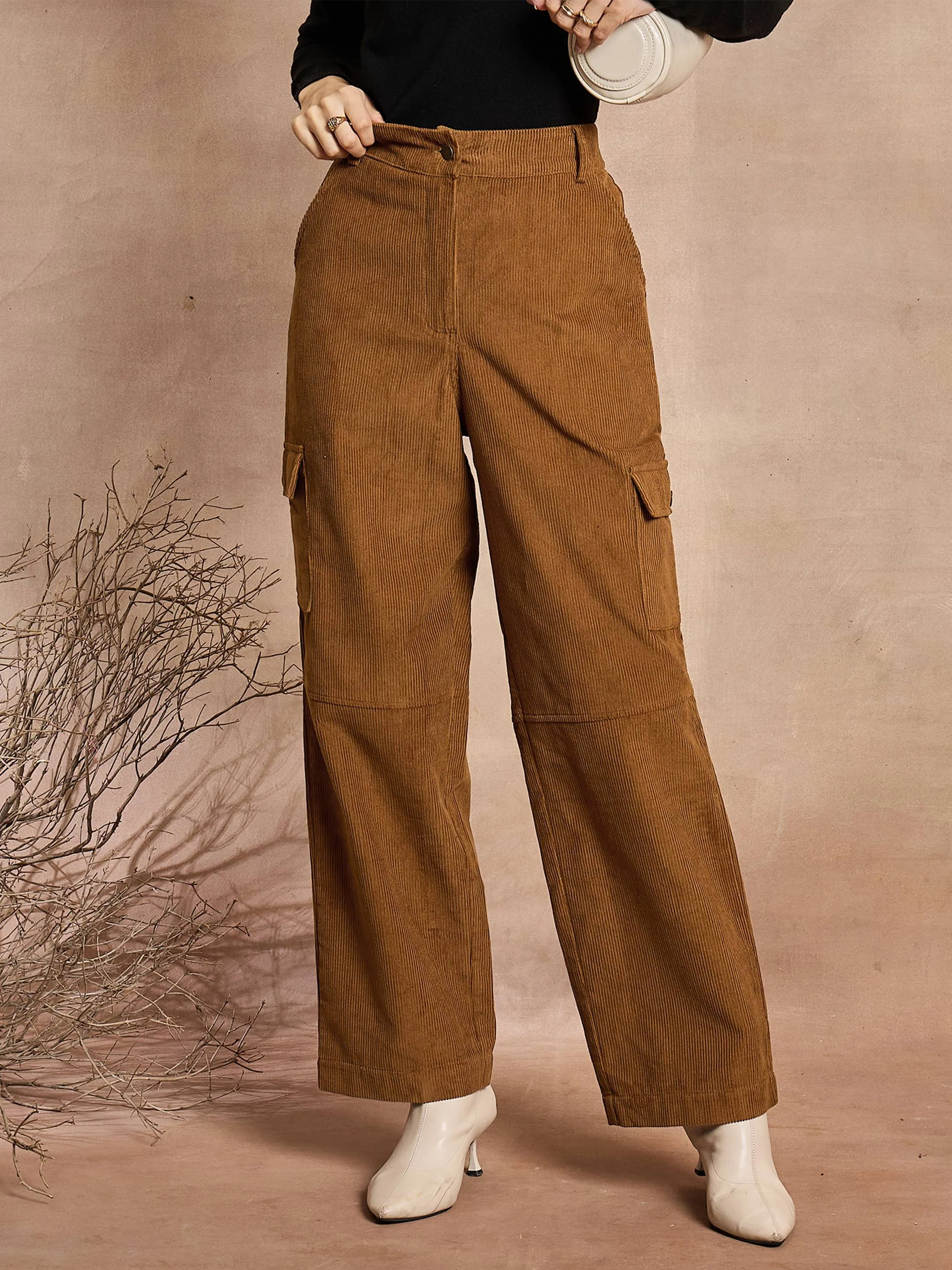 Women Brown Corduroy Straight Fit Cargo Pants