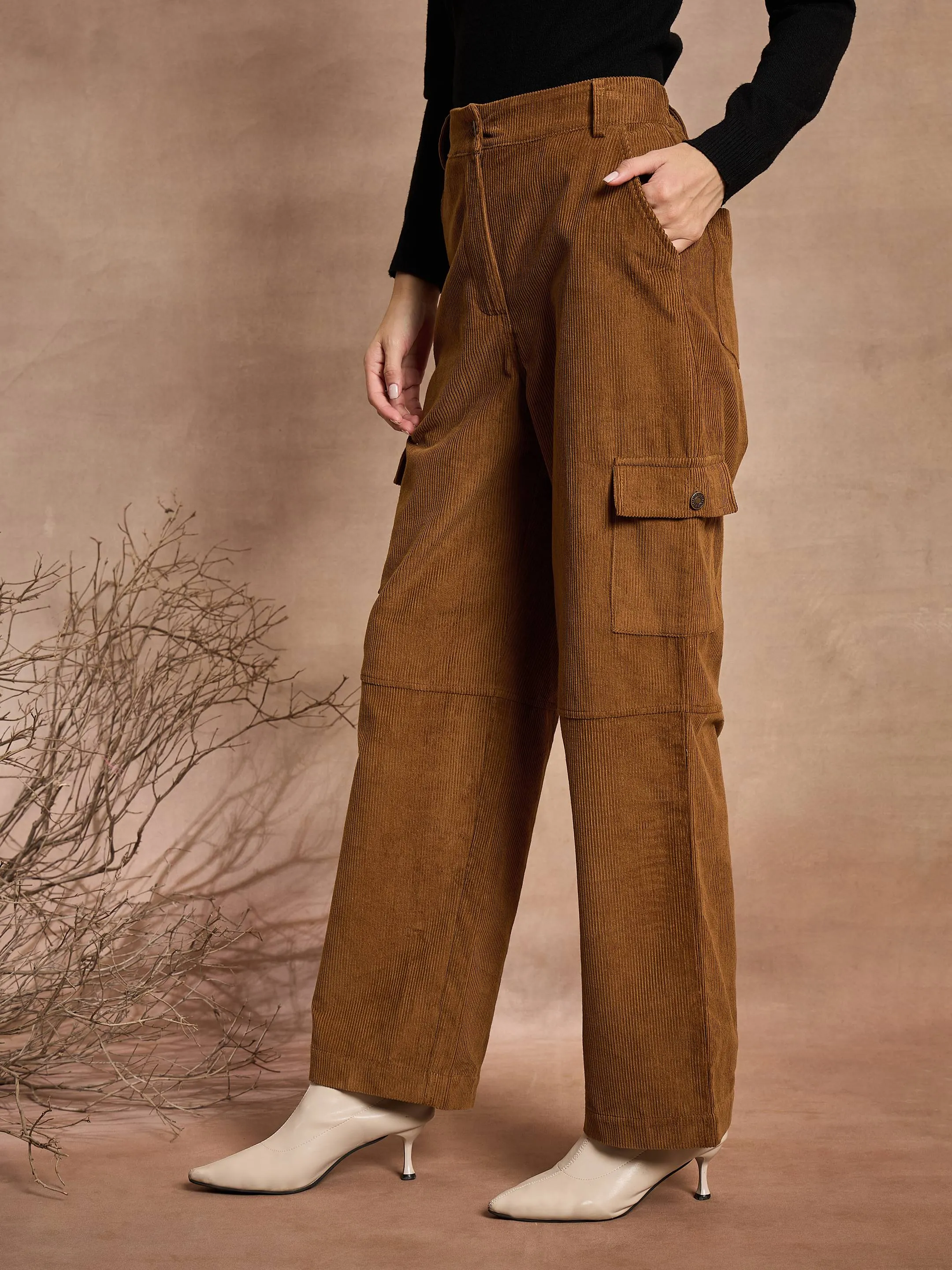 Women Brown Corduroy Straight Fit Cargo Pants