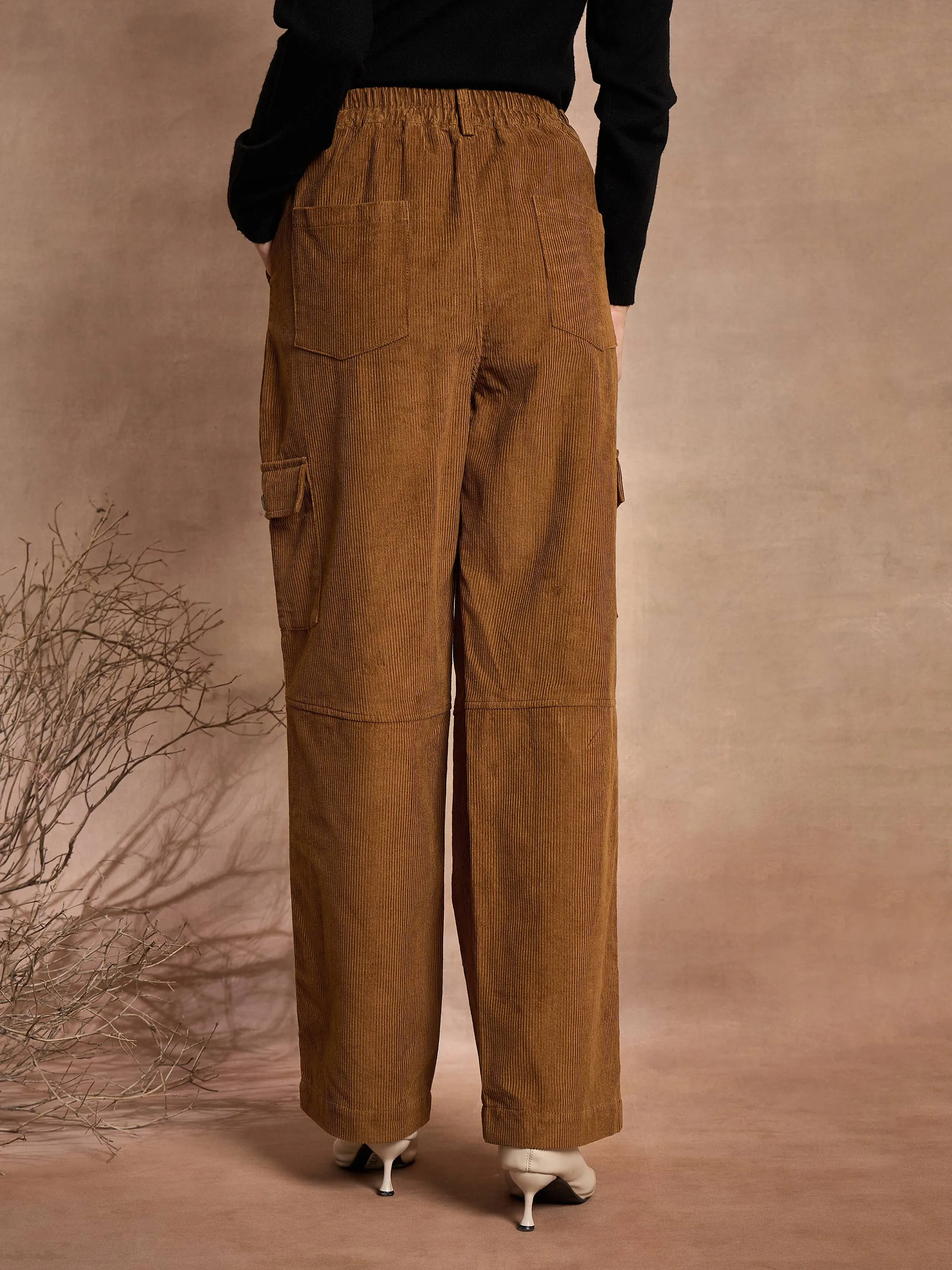 Women Brown Corduroy Straight Fit Cargo Pants