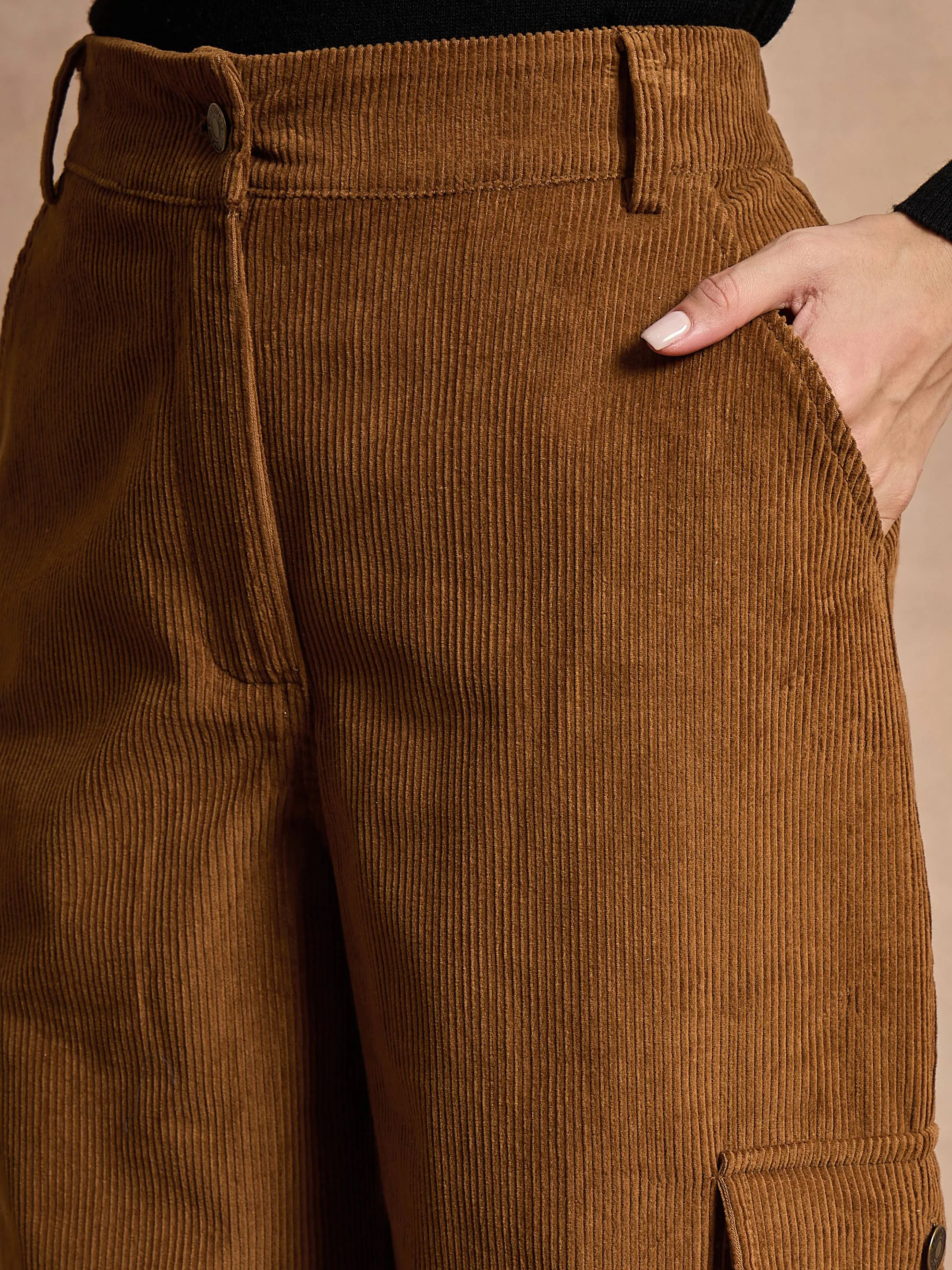 Women Brown Corduroy Straight Fit Cargo Pants