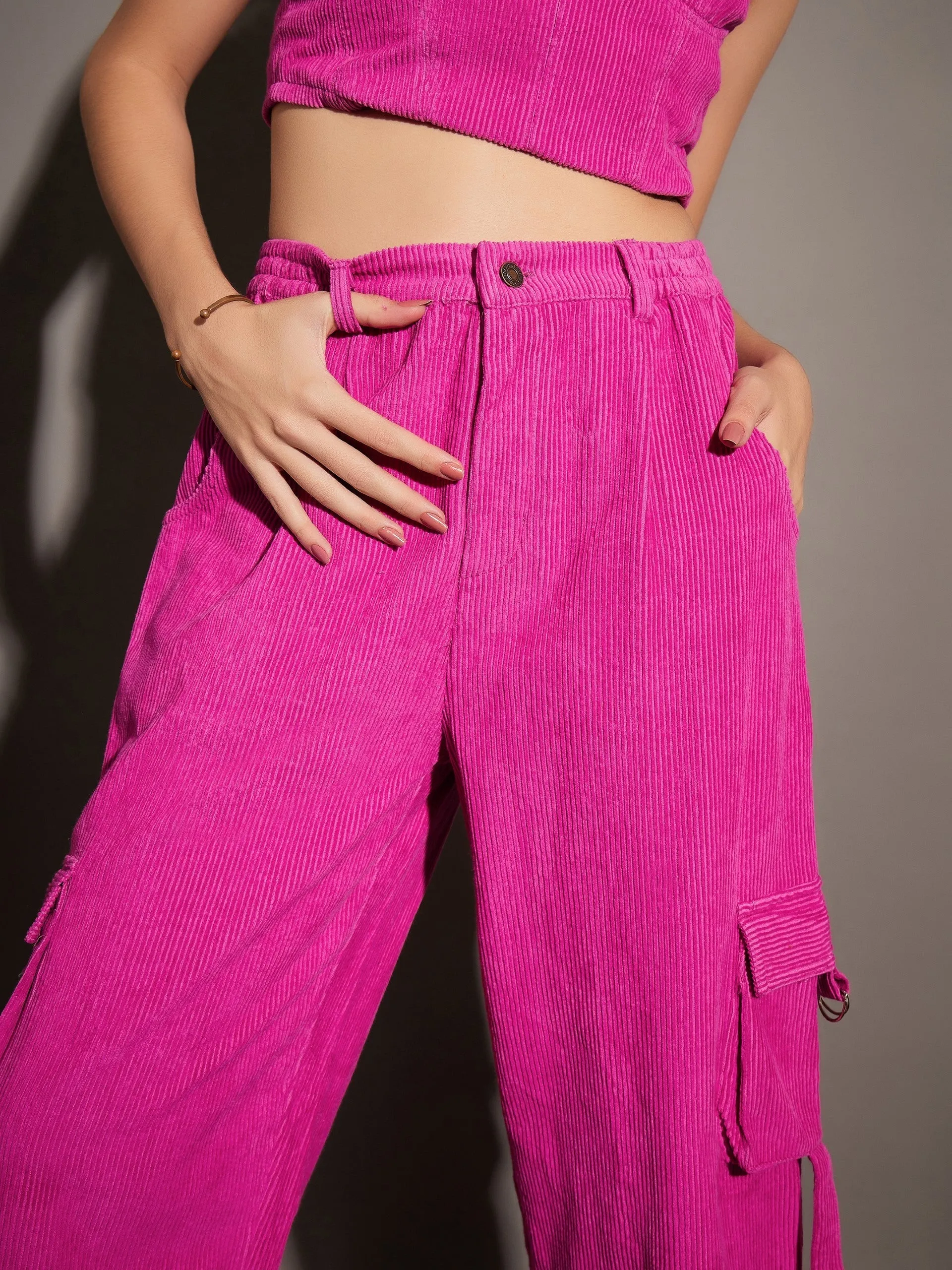 Women Pink Corduroy Multi Pocket Cargo Pants