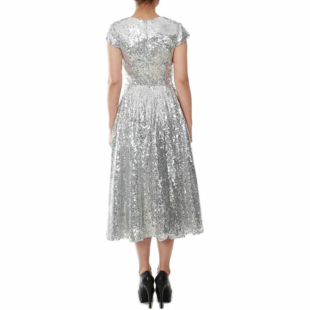 Women Sequin Midi Mother of Bride Dresses Sequin Cap Sleeves Wedding Party Custom Dress