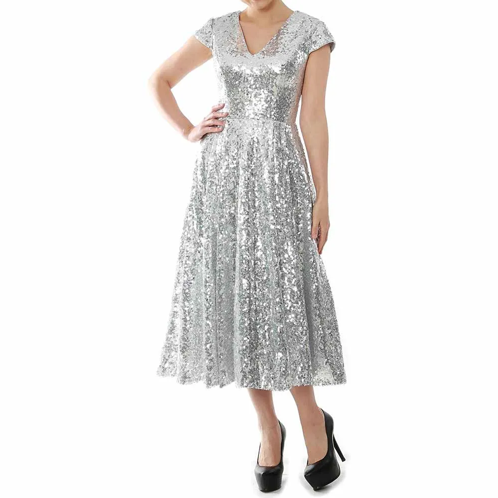 Women Sequin Midi Mother of Bride Dresses Sequin Cap Sleeves Wedding Party Custom Dress