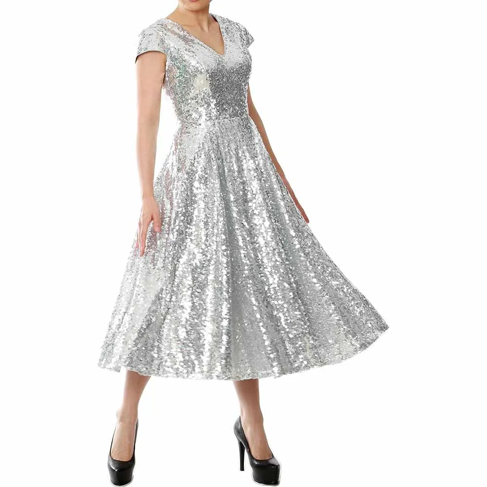 Women Sequin Midi Mother of Bride Dresses Sequin Cap Sleeves Wedding Party Custom Dress