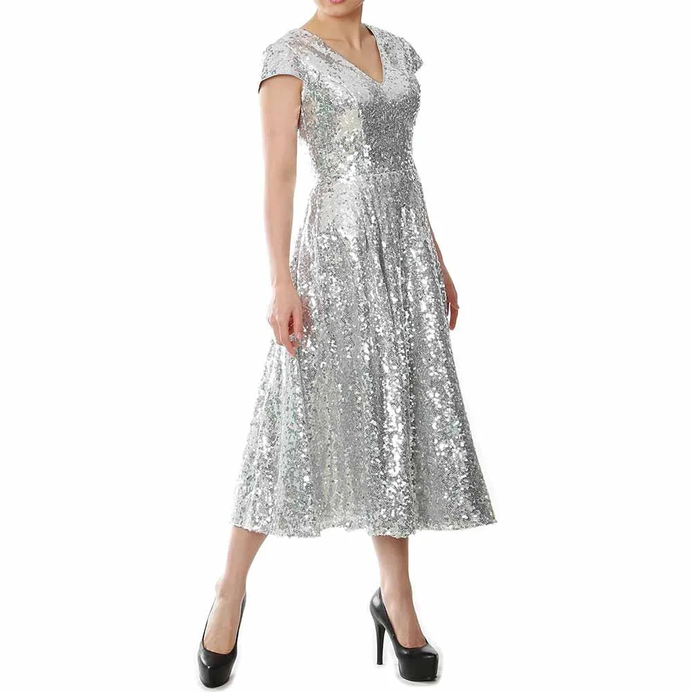 Women Sequin Midi Mother of Bride Dresses Sequin Cap Sleeves Wedding Party Custom Dress