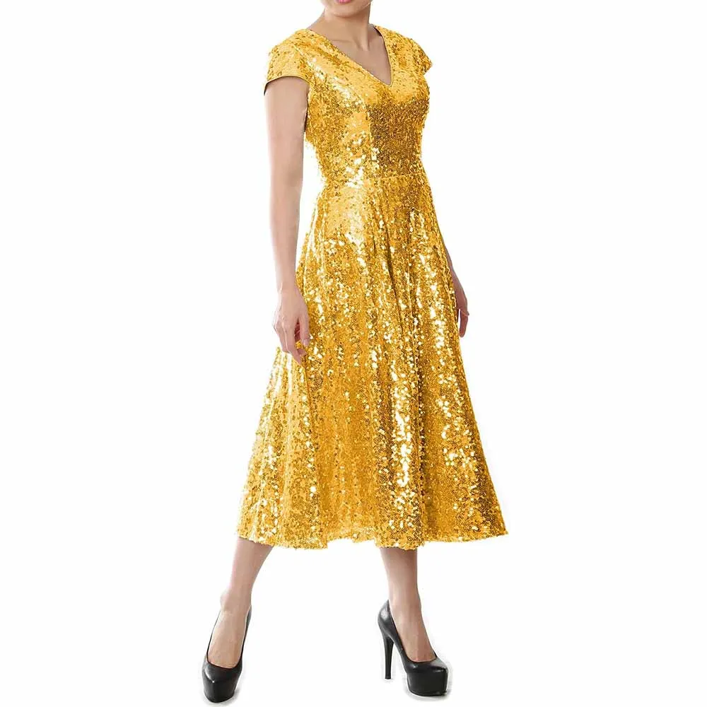 Women Sequin Midi Mother of Bride Dresses Sequin Cap Sleeves Wedding Party Custom Dress