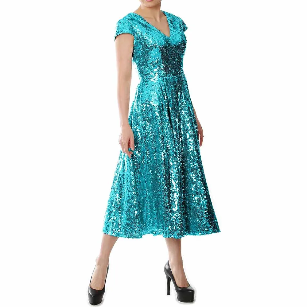 Women Sequin Midi Mother of Bride Dresses Sequin Cap Sleeves Wedding Party Custom Dress