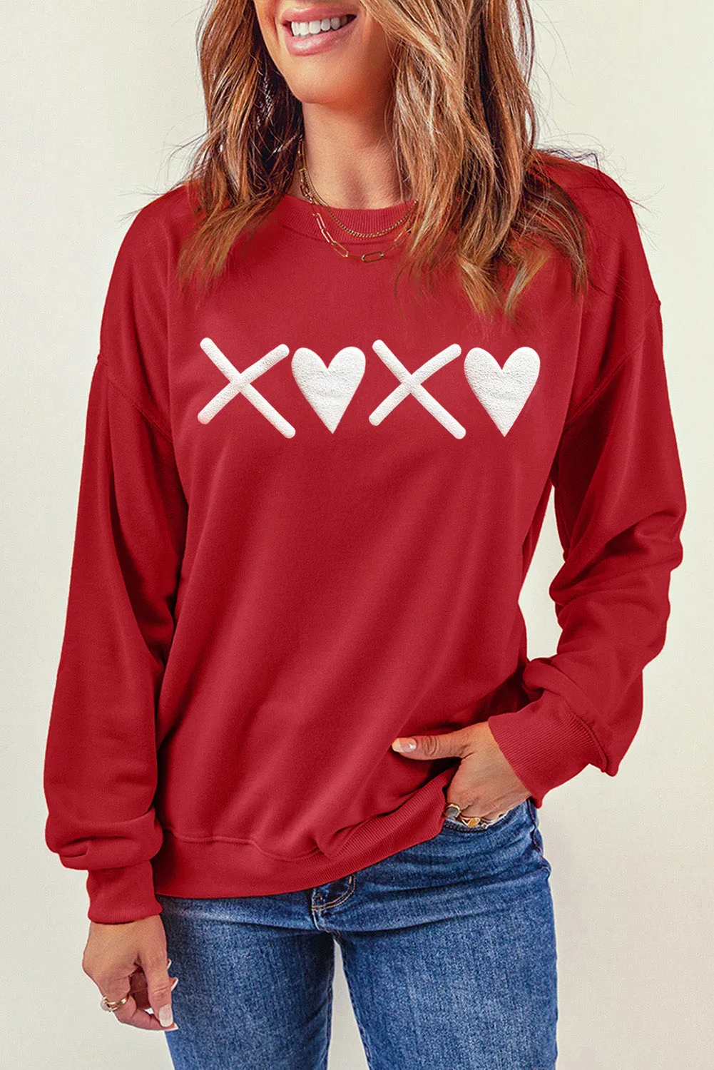 Women Valentines Day Shirt Puff XOXO Print Long Sleeve Heart Sweatshirt