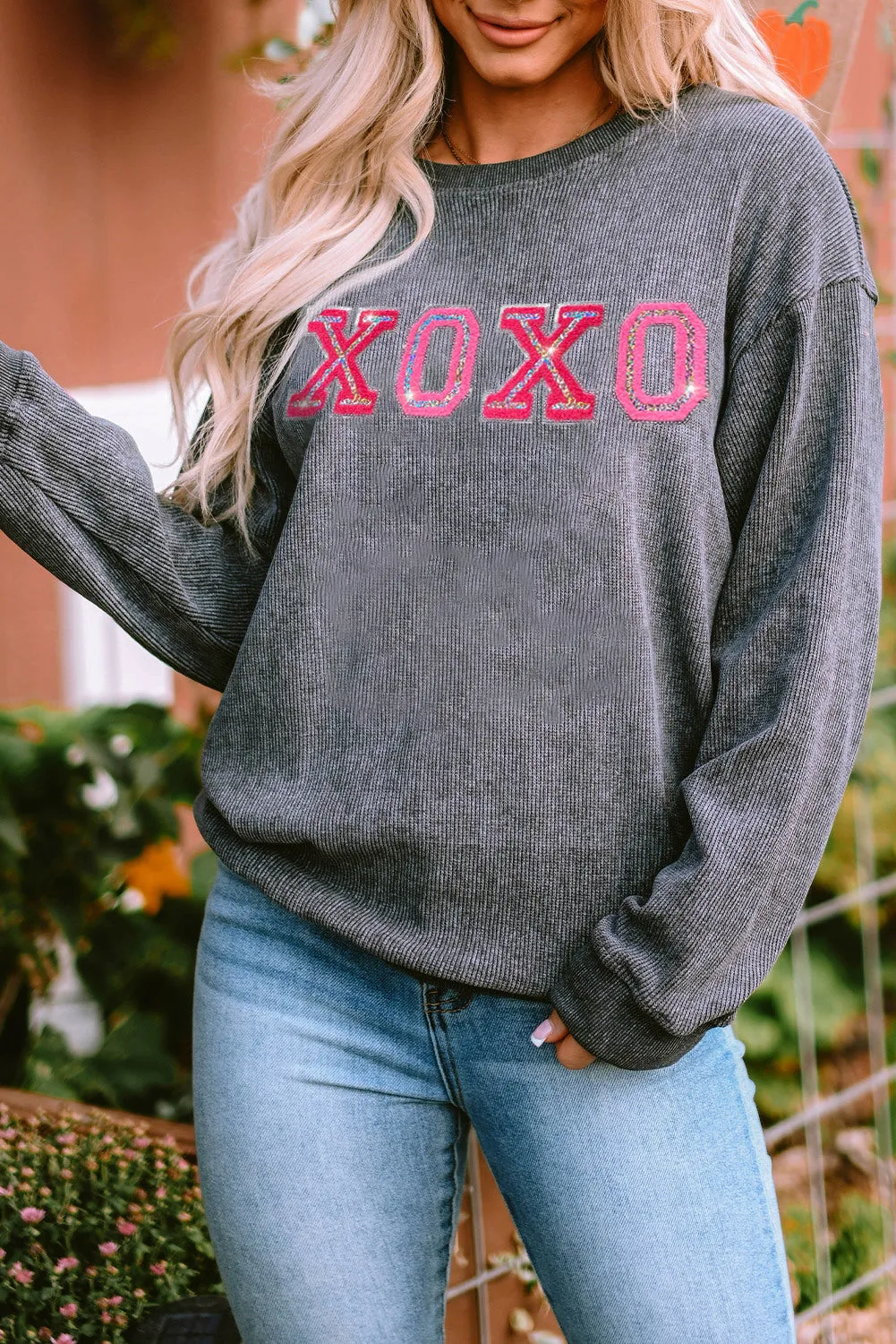 Women Valentine's Day Sweatshirt Sequin XOXO Corded Crew Neck Shirt Tops