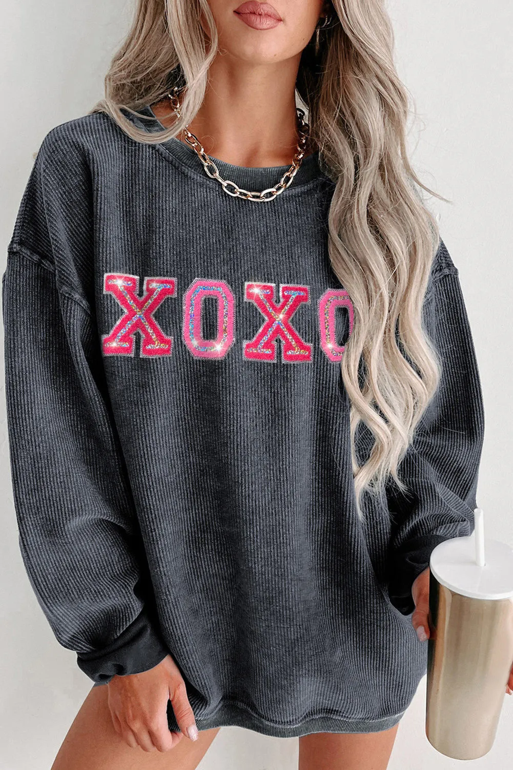 Women Valentine's Day Sweatshirt Sequin XOXO Corded Crew Neck Shirt Tops