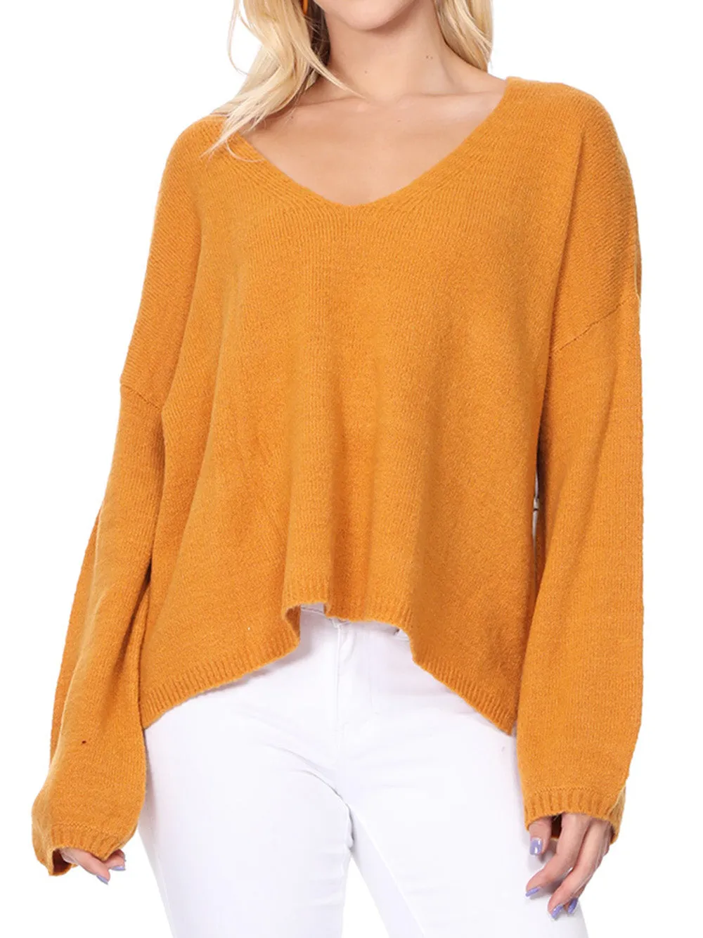 Women's Long Sleeve Wide V-Neck with Side Slit Oversize Pullover Sweater MK8219