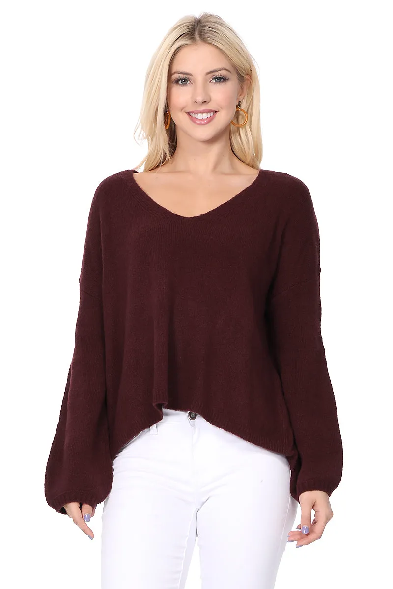 Women's Long Sleeve Wide V-Neck with Side Slit Oversize Pullover Sweater MK8219