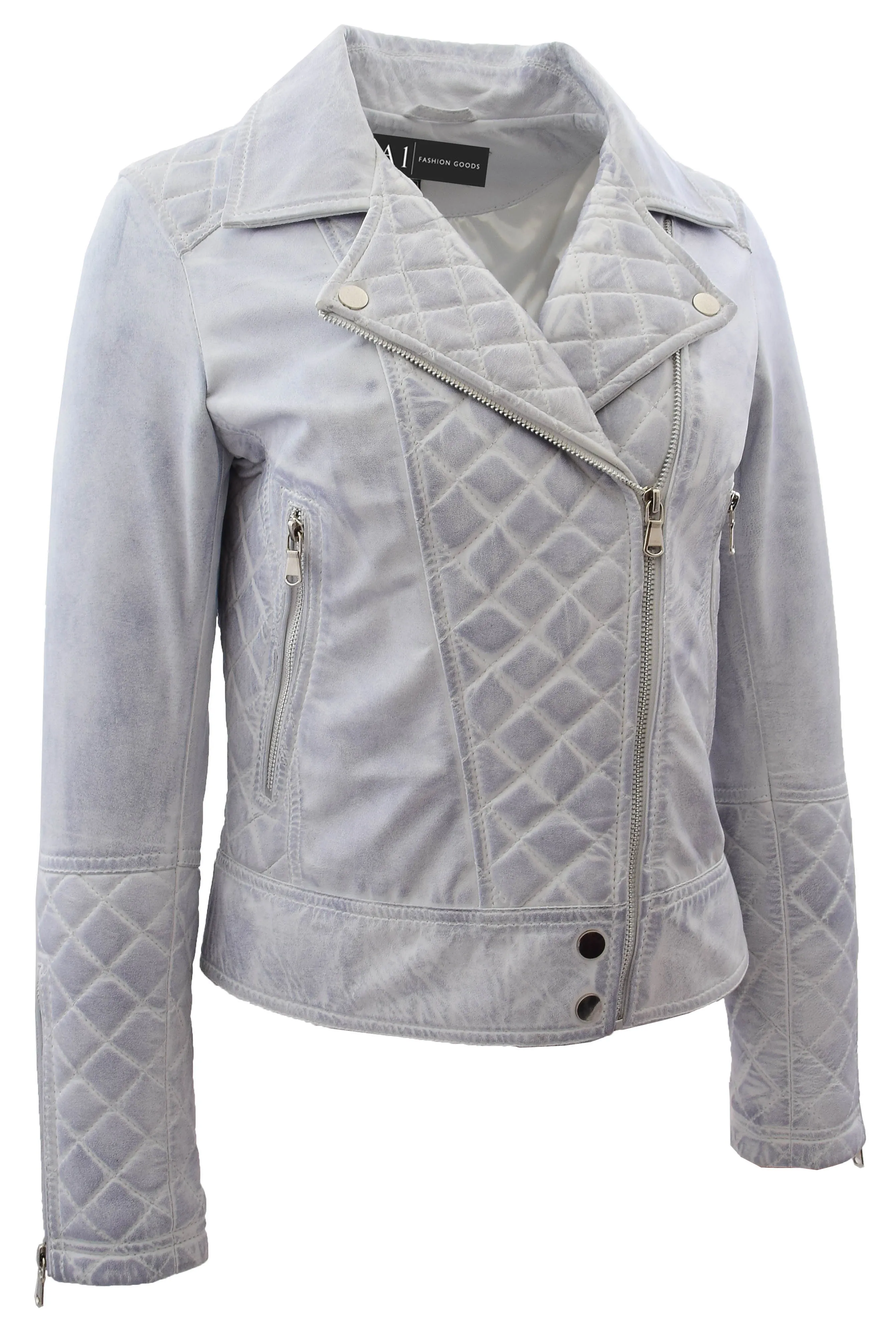 Womens Real Leather Jacket Dirty White Fitted Quilted Trendy Biker Style Bonnie