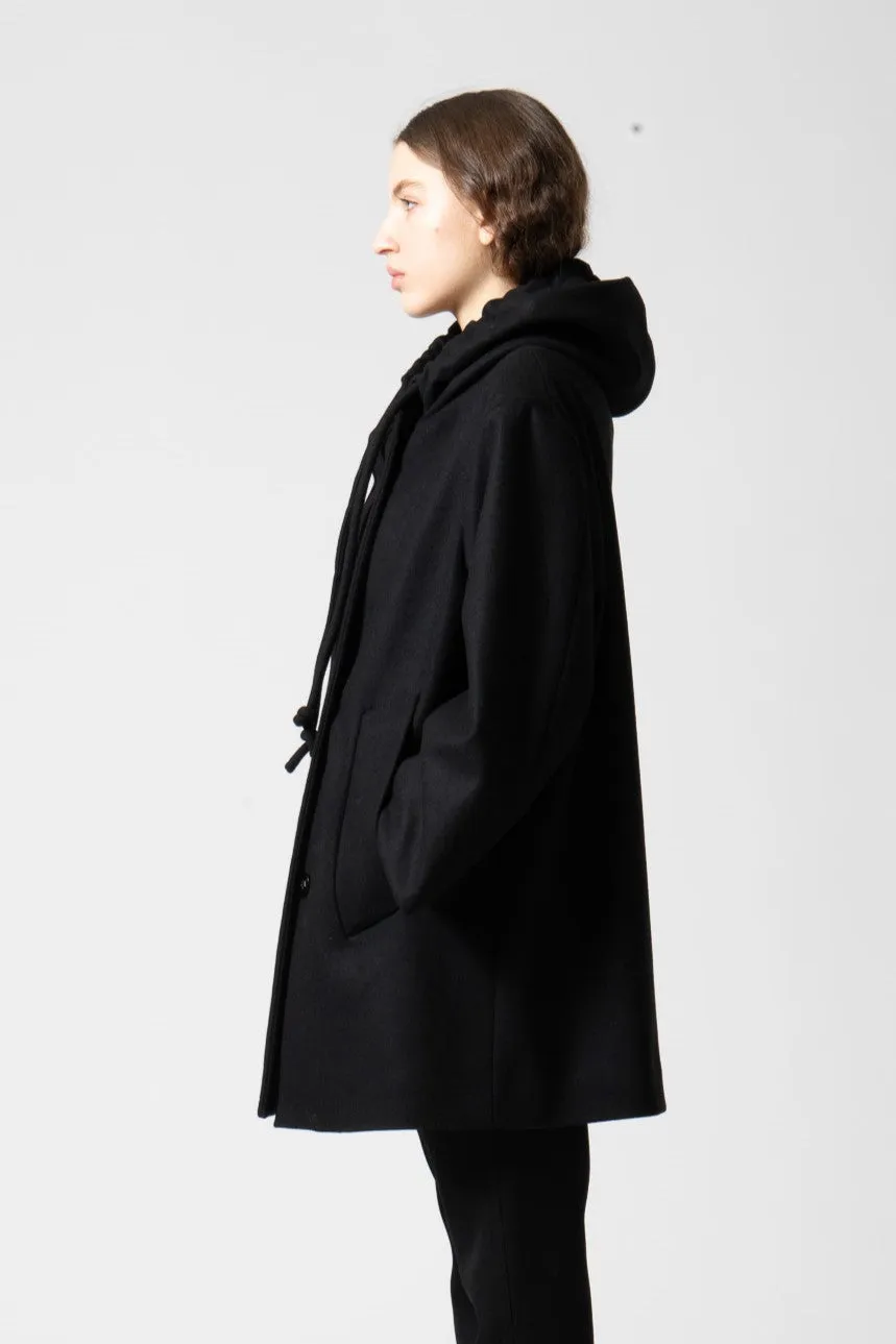 Wool Melton Peacoat with Hood in Black