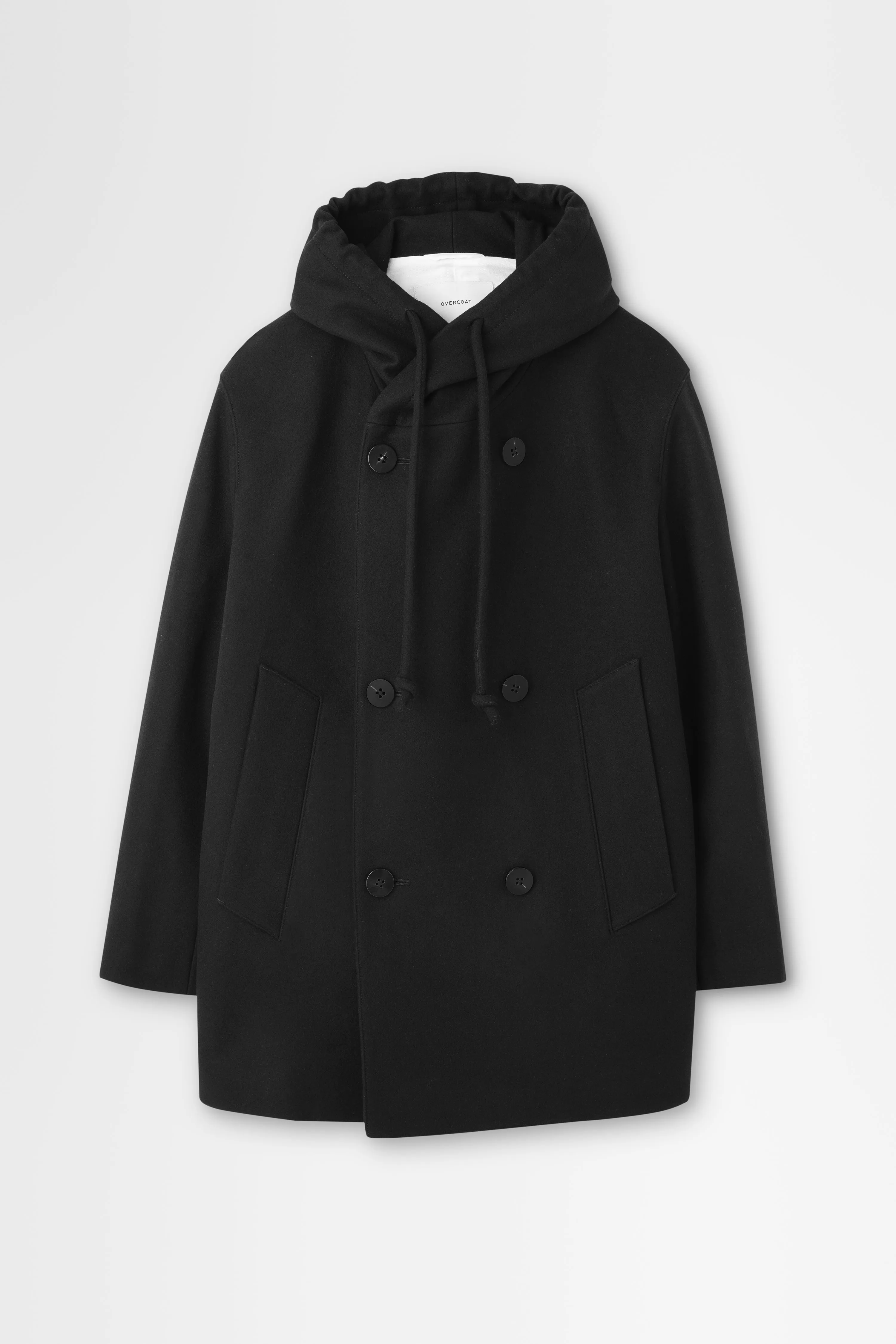 Wool Melton Peacoat with Hood in Black