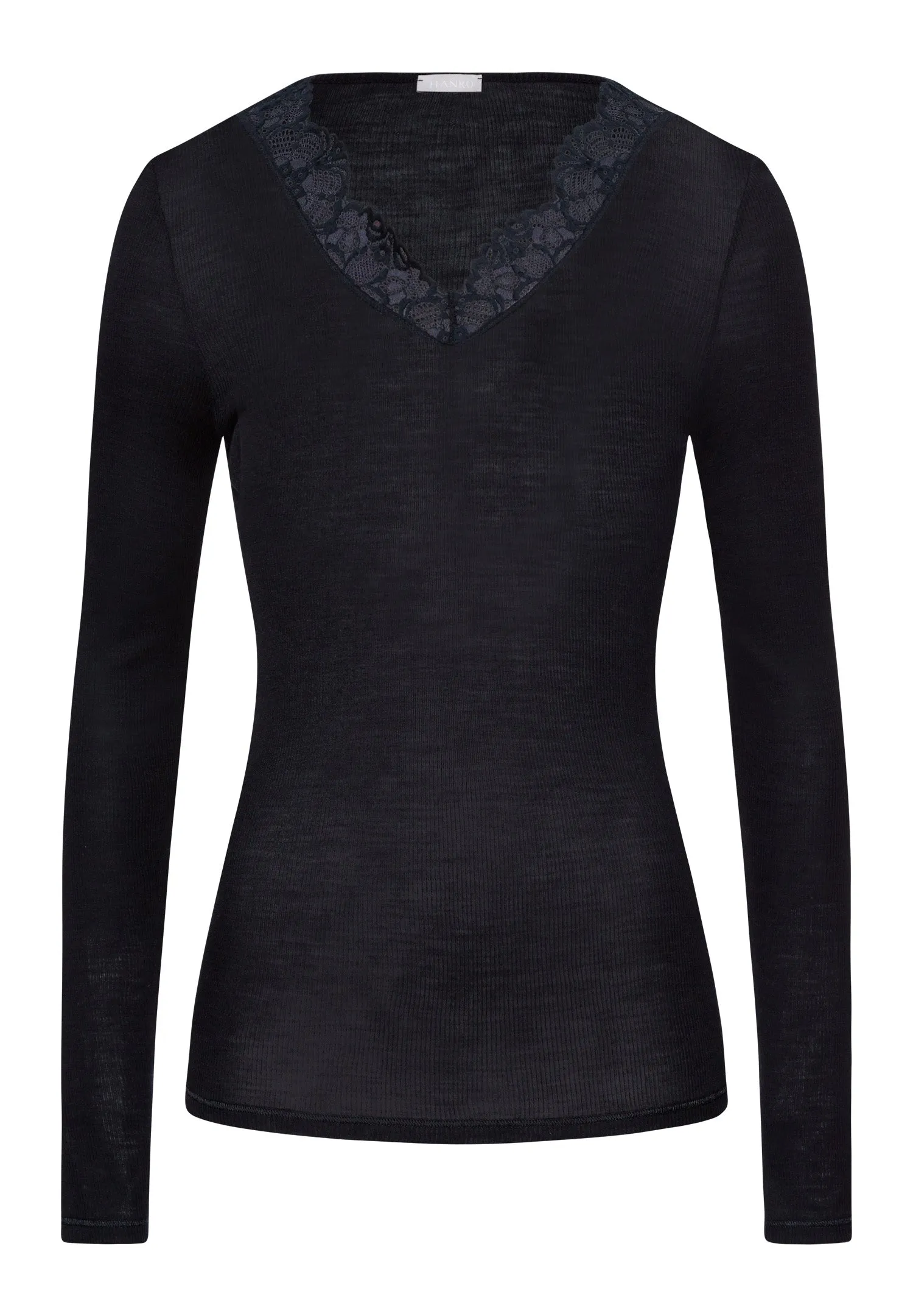 Woolen Lace Fine Ribbed Wool And Silk V-Neck Top | Black 70914-019