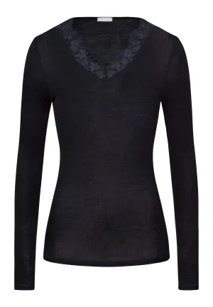 Woolen Lace Fine Ribbed Wool And Silk V-Neck Top | Black 70914-019